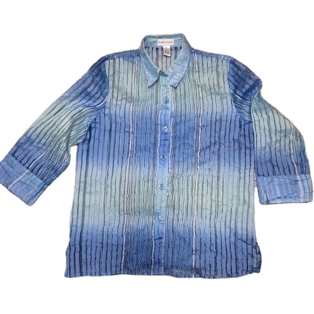 Drapers & Damons Blue Sheer Textured Stripe Button Up Blouse Womens Large